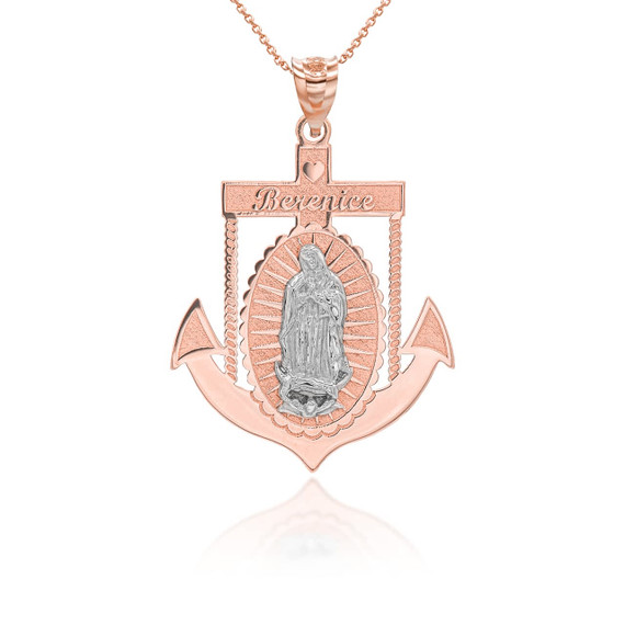 Two Tone Rose Gold Personalized Our Lady of Guadalupe Anchor Pendant Necklace