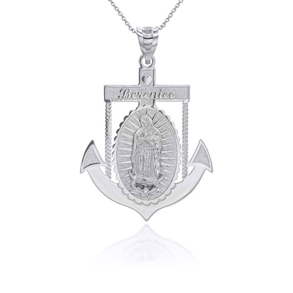 White Gold Personalized Our Lady of Guadalupe Anchor Pendant Necklace