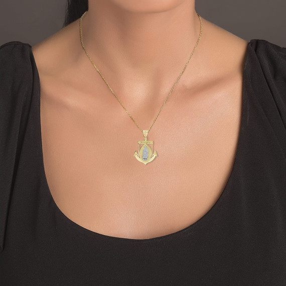 Two Tone Personalized Our Lady of Guadalupe Anchor Pendant Necklace on a Model 