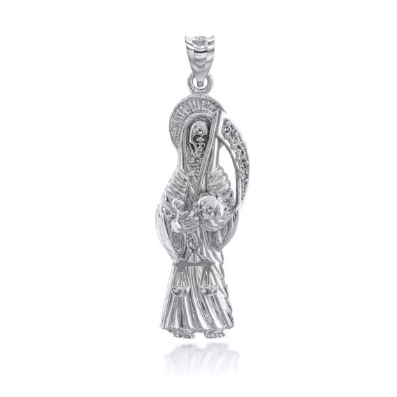 White Gold CZ Santa Muerte Grim Reaper Patron Saint of Death and Protection Pendant