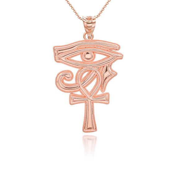 Rose Gold Beaded Egyptian Ankh Cross Eye of Horus Wedjat Pendant Necklace