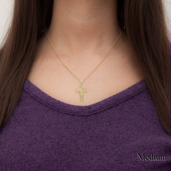 Yellow Gold Diamond Cut Five Saint Cross Pendant Necklace on a Model