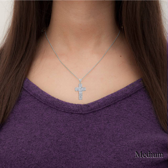Silver Diamond Cut Five Saint Cross Pendant Necklace on a Model
