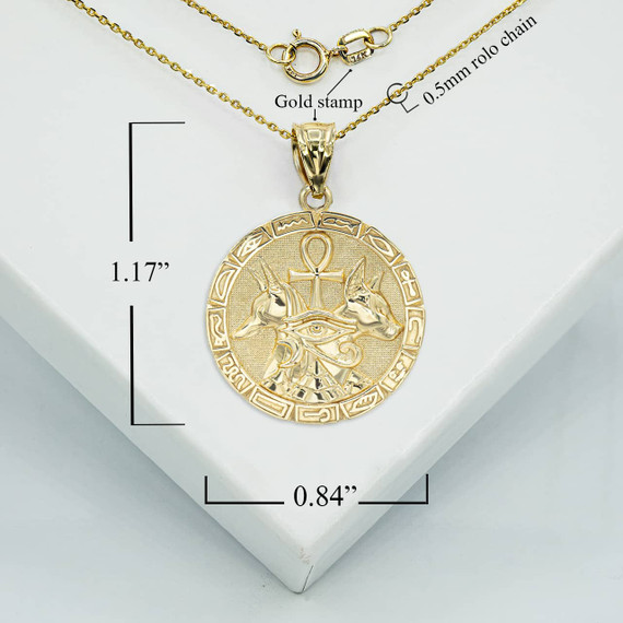 Yellow Gold Egyptians Anubis Guard Dog Amulet Pendant Necklace with Measurement