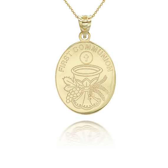 Yellow Gold Personalized First Communion Backside Pendant Necklace 