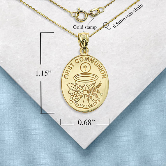 Yellow Gold Personalized First Communion Backside Pendant Necklace with Measurement