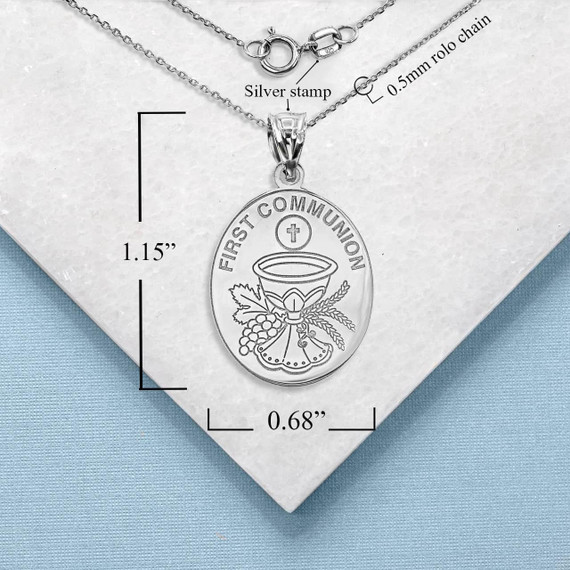 Silver Personalized First Communion Pendant Necklace with Measurement