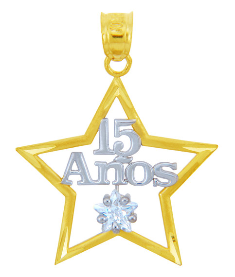 Two-Tone Yellow/White Gold Cubic Zirconia Star 15 Años Quinceañera Pendant