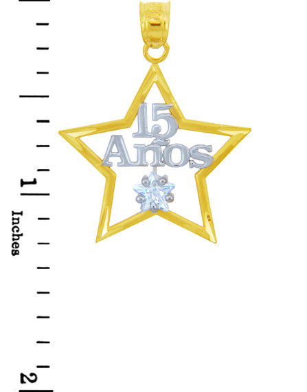 Two-Tone Yellow/White Gold Cubic Zirconia Star 15 Años Quinceañera Pendant measurement