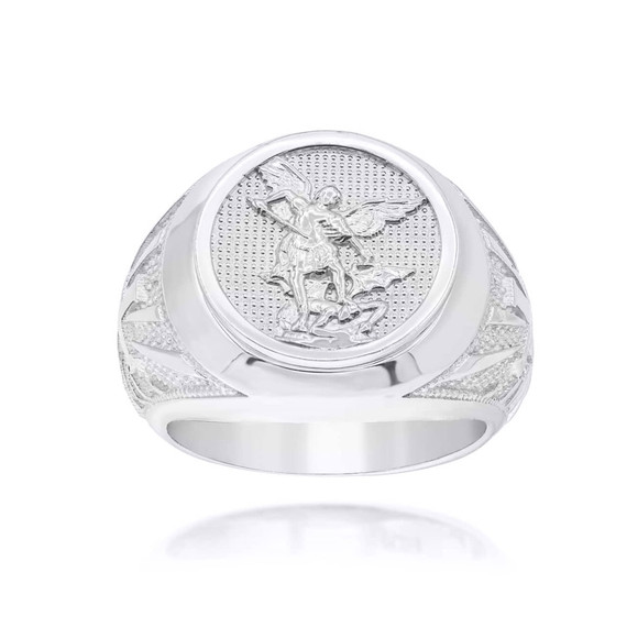 White Gold Saint Michael Archangel Textured Signet Ring