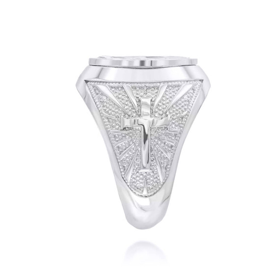 .925 Sterling Silver Religious Saint Michael Archangel Cross Beaded Signet Ring