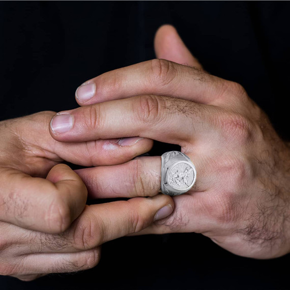 .925 Sterling Silver Religious Saint Michael Archangel Cross Beaded Signet Ring on a Model