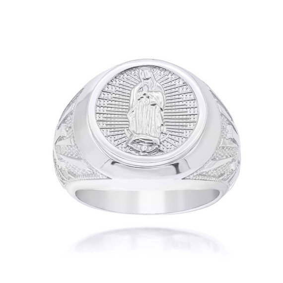 White Gold Religious Our Lady of Guadalupe Patroness of Unconditional Love and Protection Statement Ring