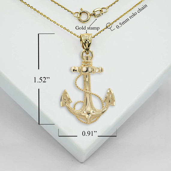 Gold Sea Anchor Pendant Necklace with Measurement