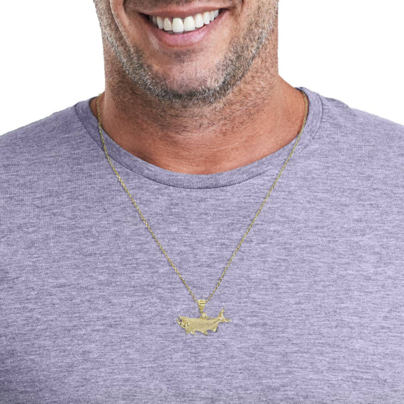 Yellow Gold Trout Fish Pendant Necklace on a Male Model