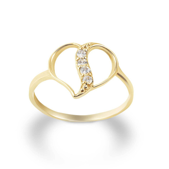 Yellow Gold Split Heart CZ Wave Love Ring