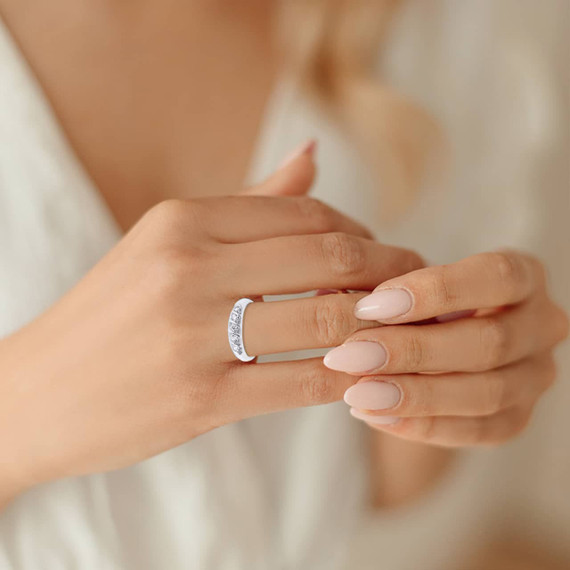 White Gold Multi Stone CZ Eternity Ring on female model