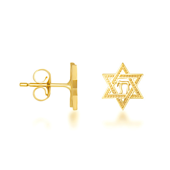 Yellow Gold Jewish Chai Star Of David Stud Earrings
