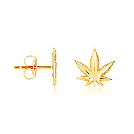 Yellow Gold Marijuana Weed Leaf Stud Earrings