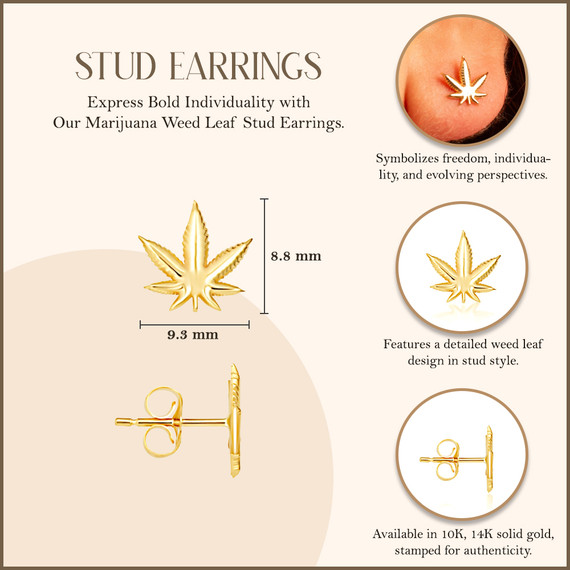 Yellow Gold Marijuana Weed Leaf Stud Earrings