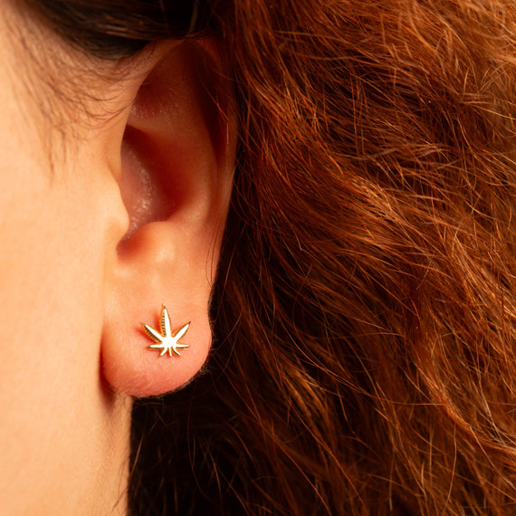 Yellow Gold Marijuana Weed Leaf Stud Earrings