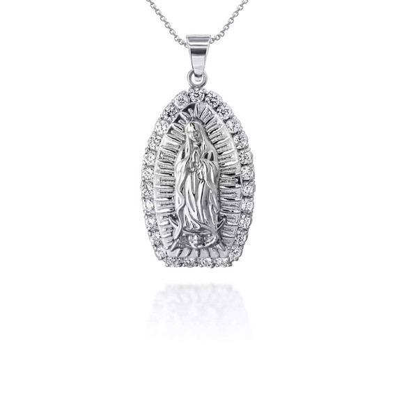 Silver CZ Lady of Guadalupe Small Pendant Necklace