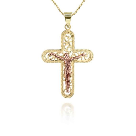 Two-Tone Open Filigree Beaded Crucifix Pendant Necklace