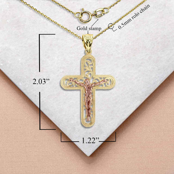 Two-Tone Open Filigree Beaded Crucifix Pendant Necklace with Measurement