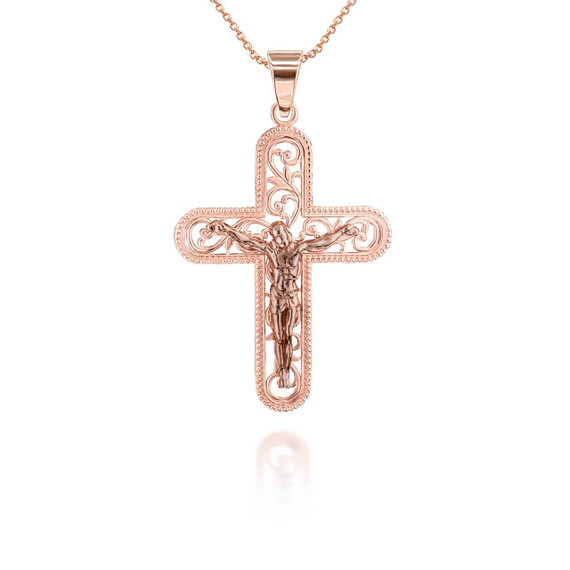 Rose Gold Open Filigree Beaded Crucifix Pendant Necklace