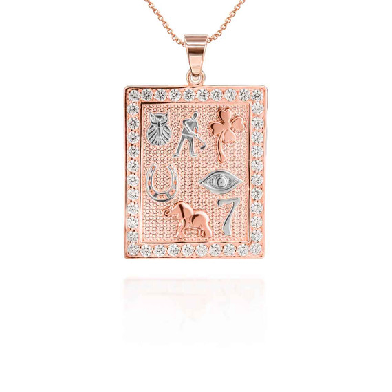 Rose Gold Hammered CZ Lucky Pendant Necklace