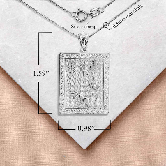 Silver Hammered CZ Lucky  Pendant Necklace with Measurement