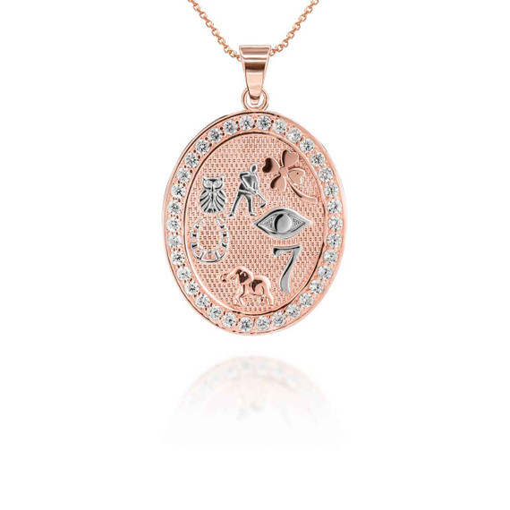 Two Tone Rose Gold Hammered CZ Lucky Charm Oval Pendant Necklace