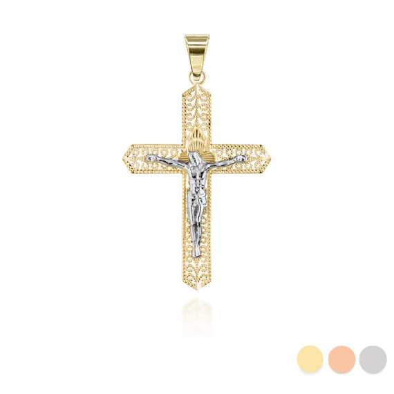 Yellow Gold Two Tone Filigree Crucifix Pendant