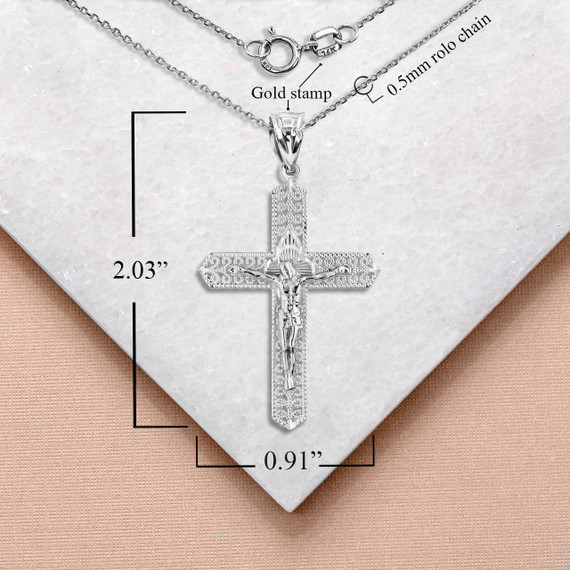 White Gold Filigree Crucifix Pendant Necklace with Measurement