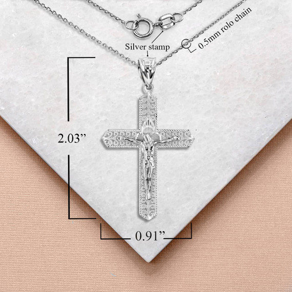 Silver Filigree Crucifix Pendant Necklace with Measurement