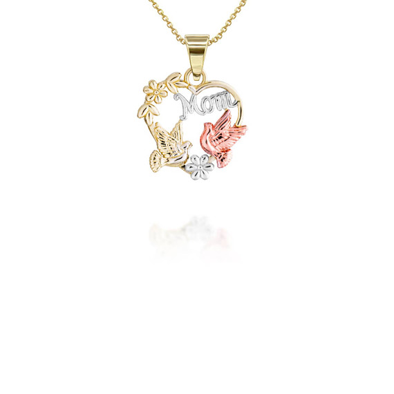 Yellow Gold Two-Tone Mom Birds Heart Pendant Necklace