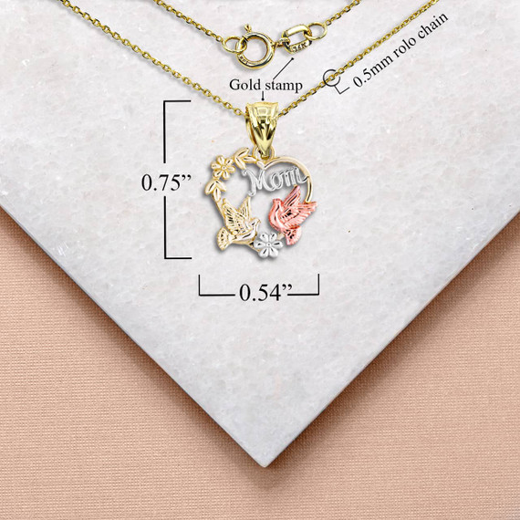 Yellow Gold Two-Tone Mom Birds Heart Pendant Necklace with Measurement