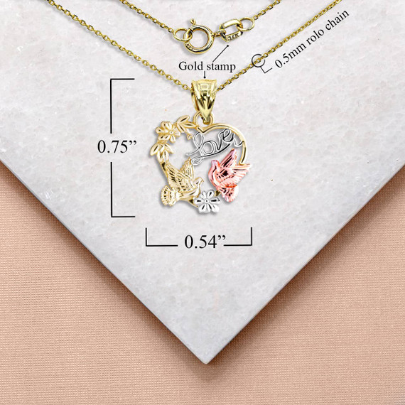 Two Tone Love Birds Heart Pendant Necklace with Measurement