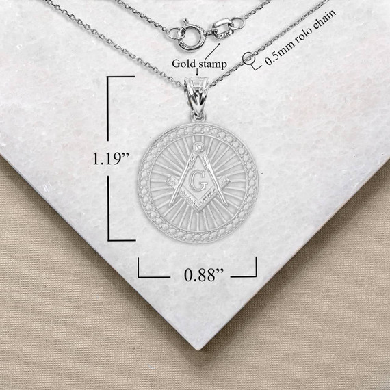 White Gold Freemason Square and Compasses Illuminated Pendant Necklace with Measurement