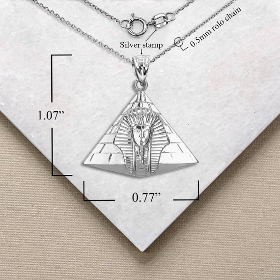 Silver Ancient Egyptian Pharaoh Pyramid Pendant Necklace with Measurement