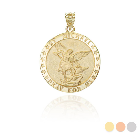 Yellow Gold Religious Saint Michael Patron Saint of Military and Police Coin Pendant