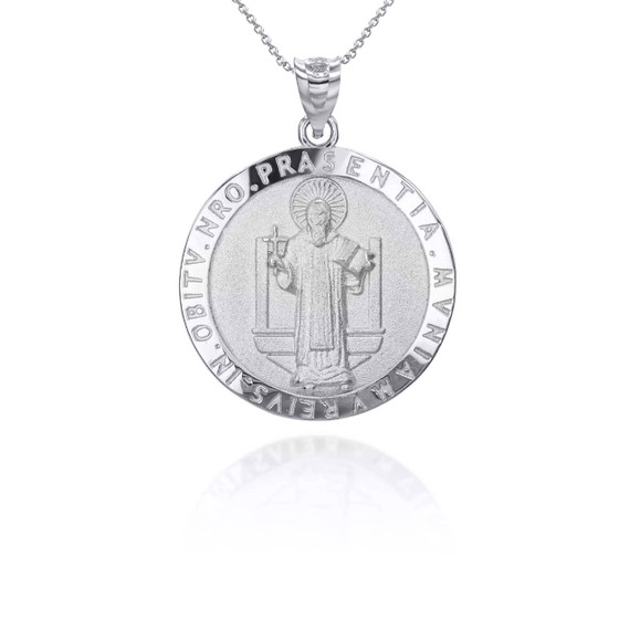 White Gold Religious Saint Benedict Patron Saint of Education Star Coin Medallion Pendant Necklace