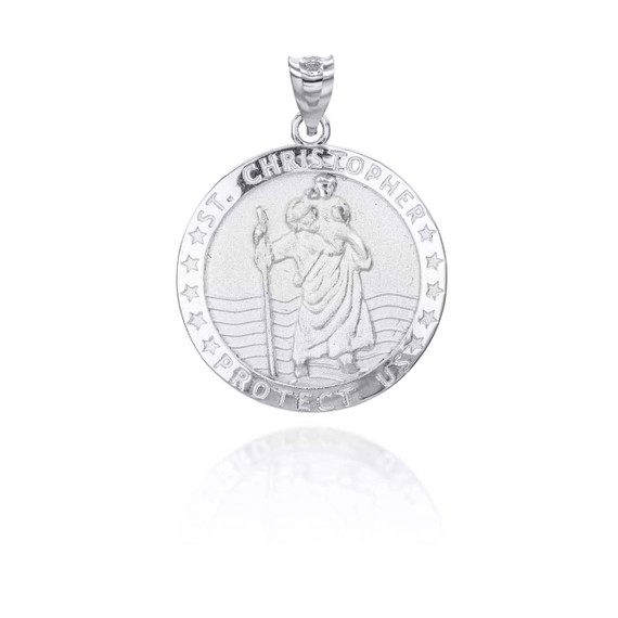 White Gold Religious Saint Christopher Patron Saint of Safe Travel and Protection Coin Pendant Necklace