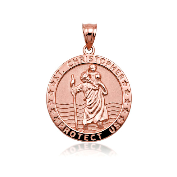 Gold Religious Patron Saint Christopher Protection Medallion Pendant Necklace (Available in Yellow/Rose/White Gold)