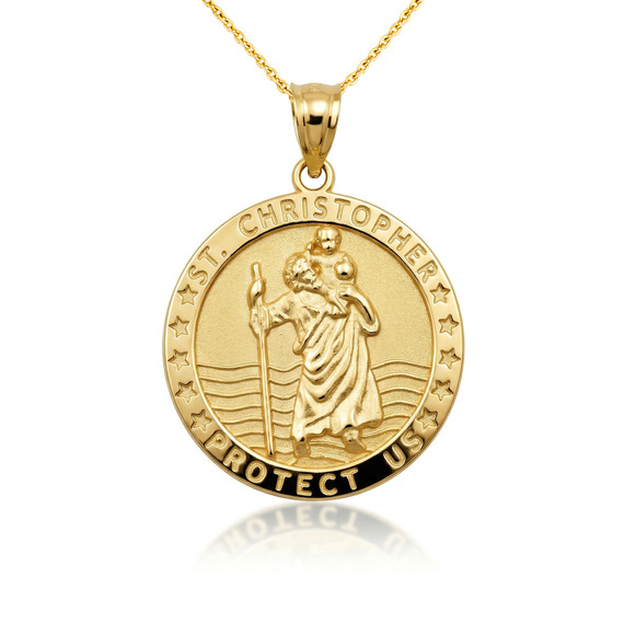 Gold Religious Patron Saint Christopher Protection Medallion Pendant Necklace (Available in Yellow/Rose/White Gold)