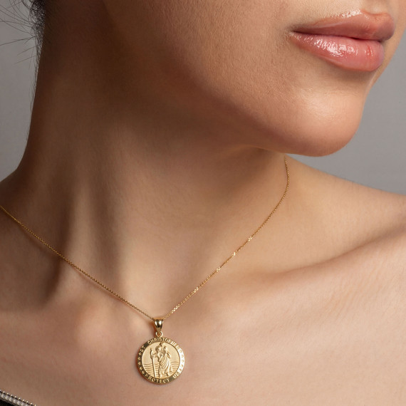 Gold Religious Patron Saint Christopher Protection Medallion Pendant Necklace (Available in Yellow/Rose/White Gold)