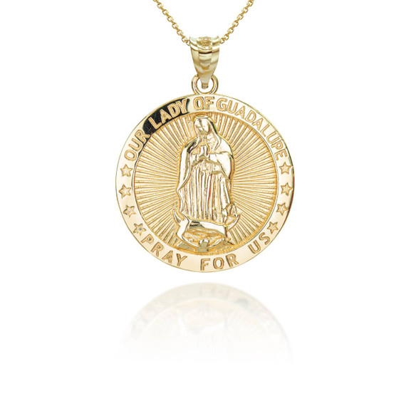 Yellow Gold Religious Lady of Guadalupe / Virgin De Guadalupe Love and Protection Medallion Pendant Necklace