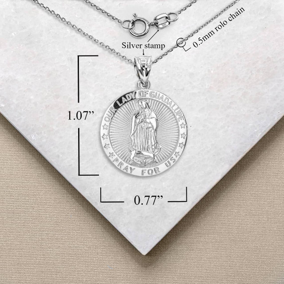 .925 Sterling Silver Religious Our Lady of Guadalupe Medallion Pendant Necklace with Measurement