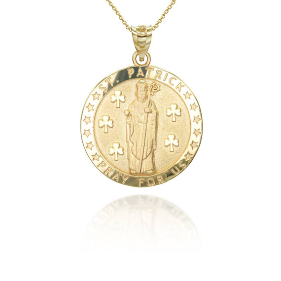 Yellow Gold Religious Saint Patrick Patron Saint of Ireland Coin Pendant Necklace