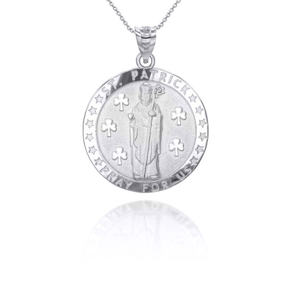 White Gold Religious Saint Patrick Patron Saint of Ireland Coin Pendant Necklace